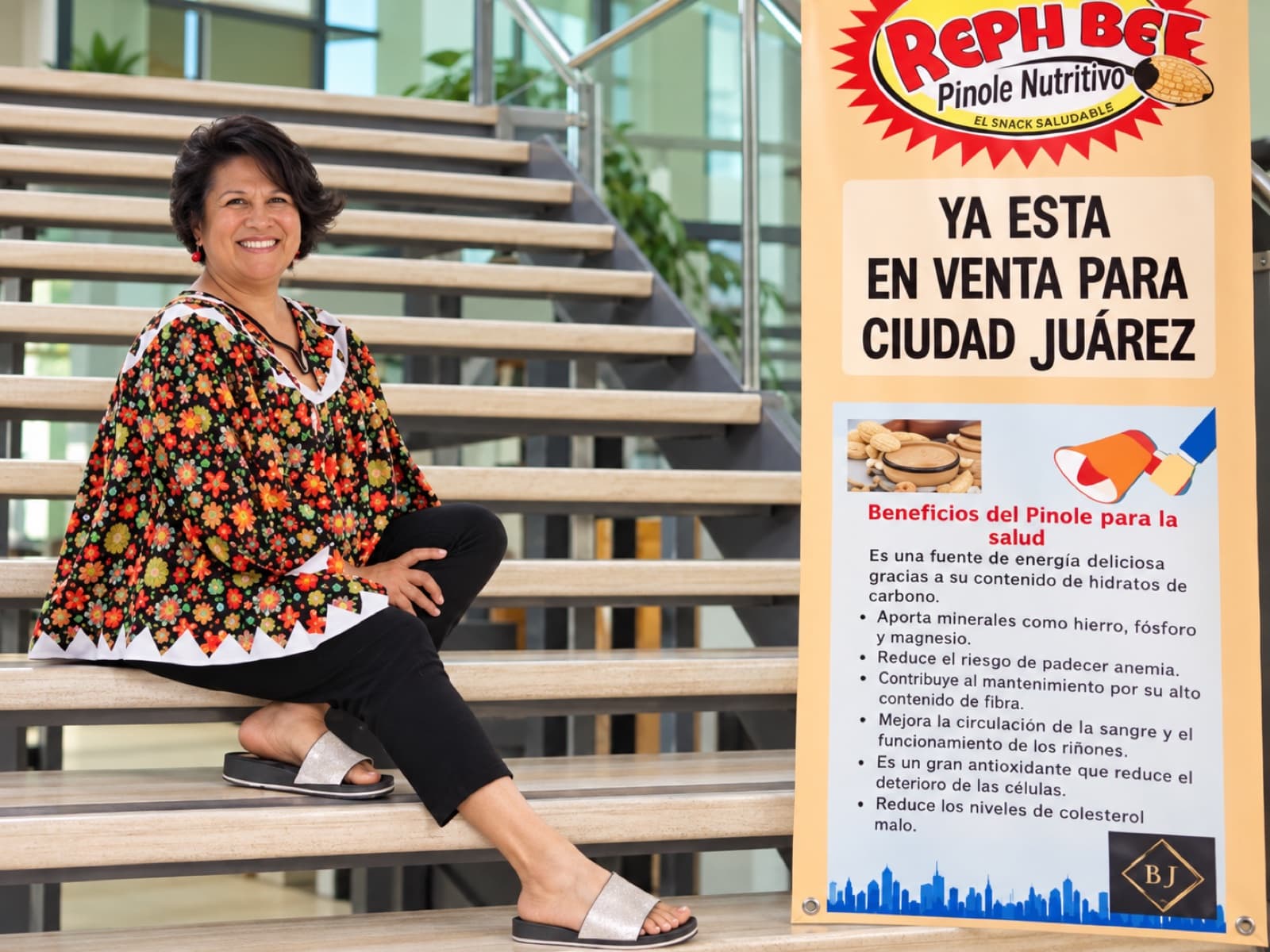 Mary Torres, junto al display de uno de los productos que distribuye